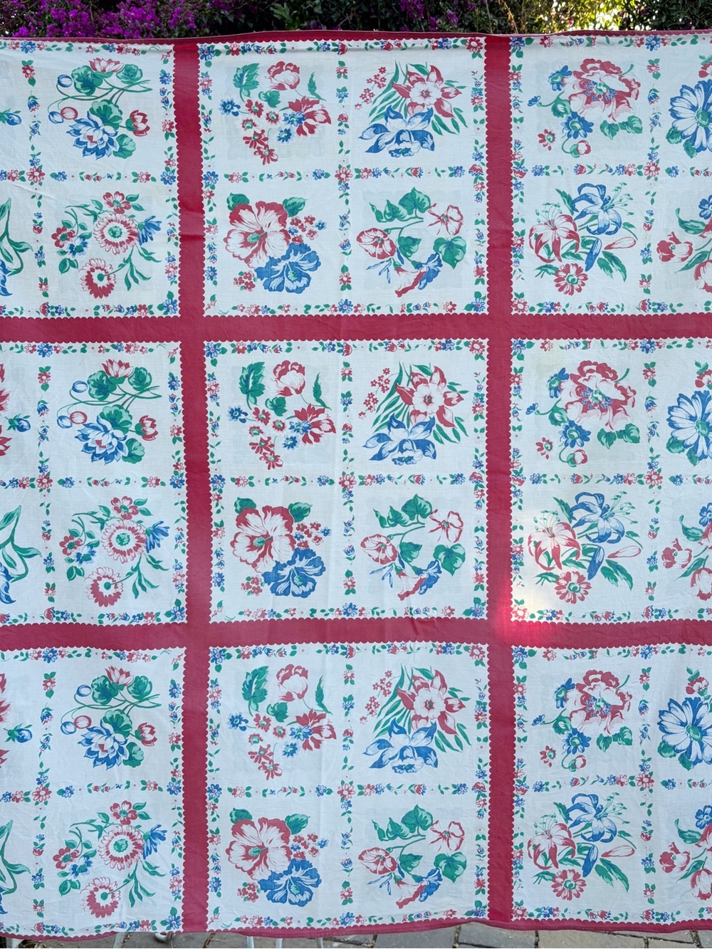 Vintage Pink Blue Hibiscus Pattern Square Linen Tablecloth 64 X 54